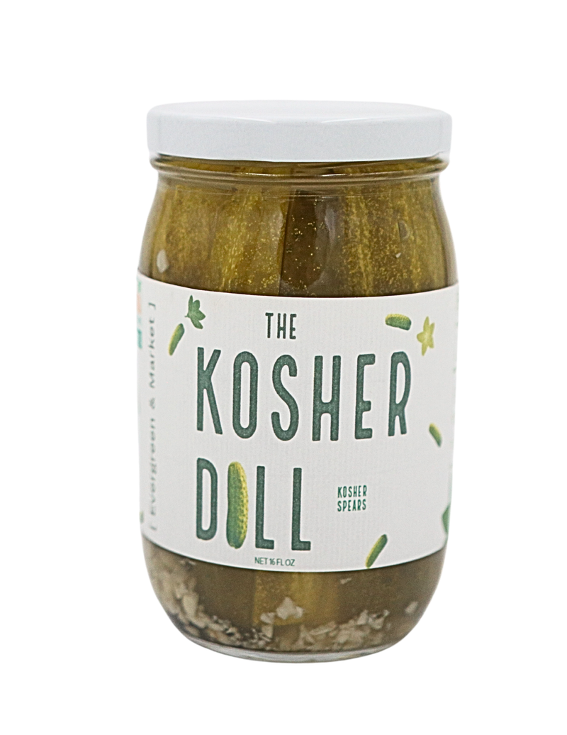 [PICKLES] by Evergreen and Market - The Kosher Dill - Spears; a jar of kosher-style dill pickle spears in brine with dill and garlic.