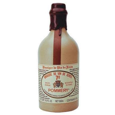 The French Farm - Pommery Sherry Vinegar Stone Bottle 16oz, a ceramic-style bottle with wax seal, ideal for enhancing cooking with its aged sherry wine vinegar.