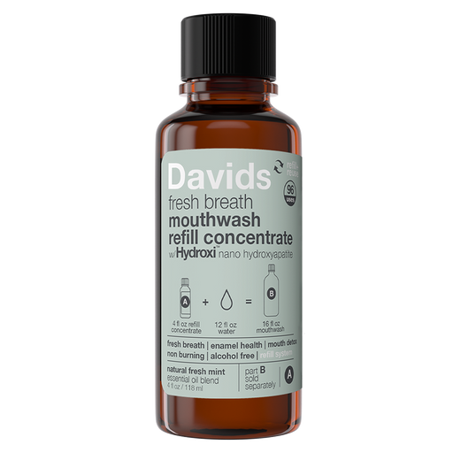 Davids Hydroxi™ fresh breath mouthwash refill concentrate in a 4 oz amber bottle, promoting enamel health and fresh mint flavor for sustainable oral care.