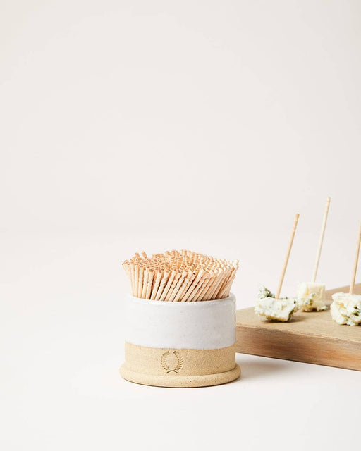 Farmhouse Pottery - Toothpick Holder - Countryman holding toothpicks, displayed beside cheese cubes on a wooden board, perfect for stylish cheese and hors d'oeuvres serving.