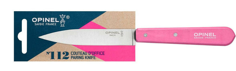 Opinel | Essential Birdsbeak Vegetable Knife in packaging with a 3-inch stainless-steel blade and pink handle, ideal for precise fruit and vegetable tasks.