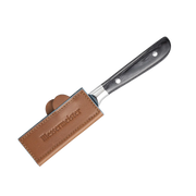 Messermeister Leather Magnetic Edge-Guard - 4, sheathed on a small kitchen knife with a dark handle, showcases a protective tan leather slip stamped Messermäster.