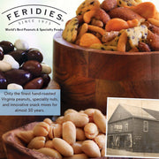 FERIDIES - 9 oz. Honey Roasted Virginia Peanuts in a wooden bowl, featuring hand-roasted peanuts with a light honey coating, alongside savory and sweet snack mixes.
