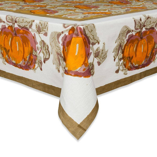 Caravan Home - Pumpkin Orange & Mustard Tablecloths: 71 x 71, featuring handprinted autumn motifs with pumpkins, ideal for fall gatherings, crafted in Southern France-inspired design.