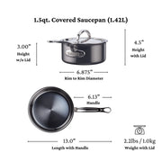 Hestan | Cookware, 1.5qt Saucepan + Lid: Diagram shows dimensions, weight 2.2 lb, handle length 6.13″, innovative NanoBond design with ergonomic handle for efficient cooking.