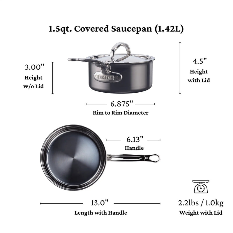 Hestan | Cookware, 1.5qt Saucepan + Lid: Diagram shows dimensions, weight 2.2 lb, handle length 6.13″, innovative NanoBond design with ergonomic handle for efficient cooking.