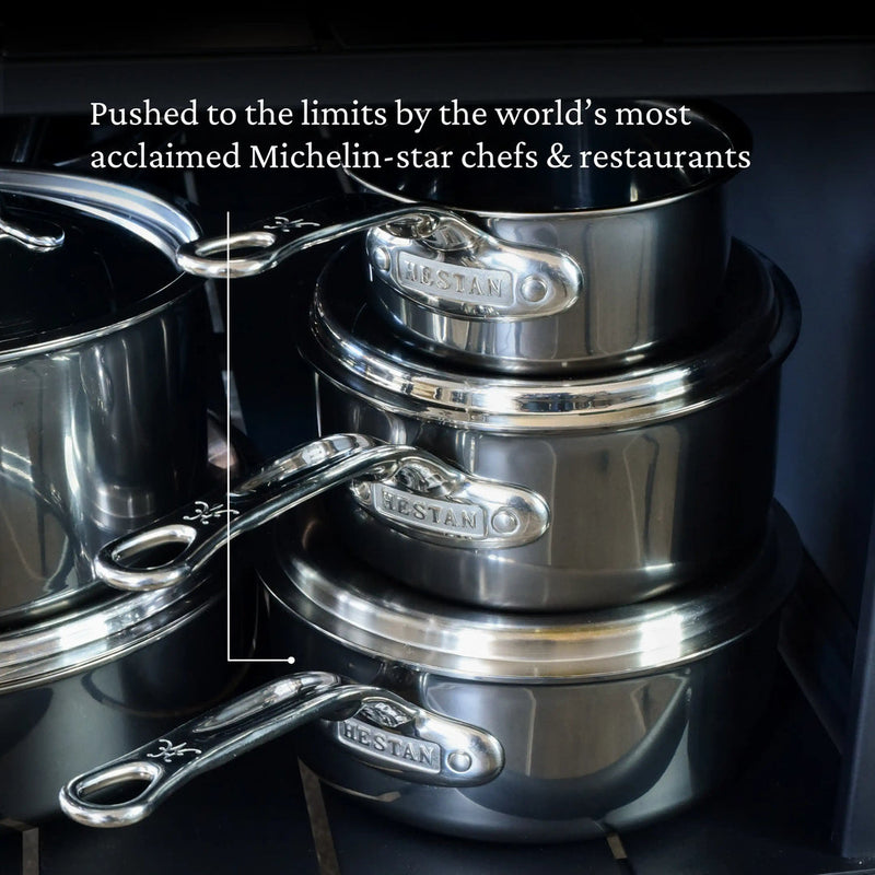 Hestan | Cookware, 1.5qt Saucepan + Lid, polished stainless-steel, embossed handles, innovative NanoBond Titanium, Michelin-chef tested, ergonomic grip, 1050°F oven safe, lifetime durability.