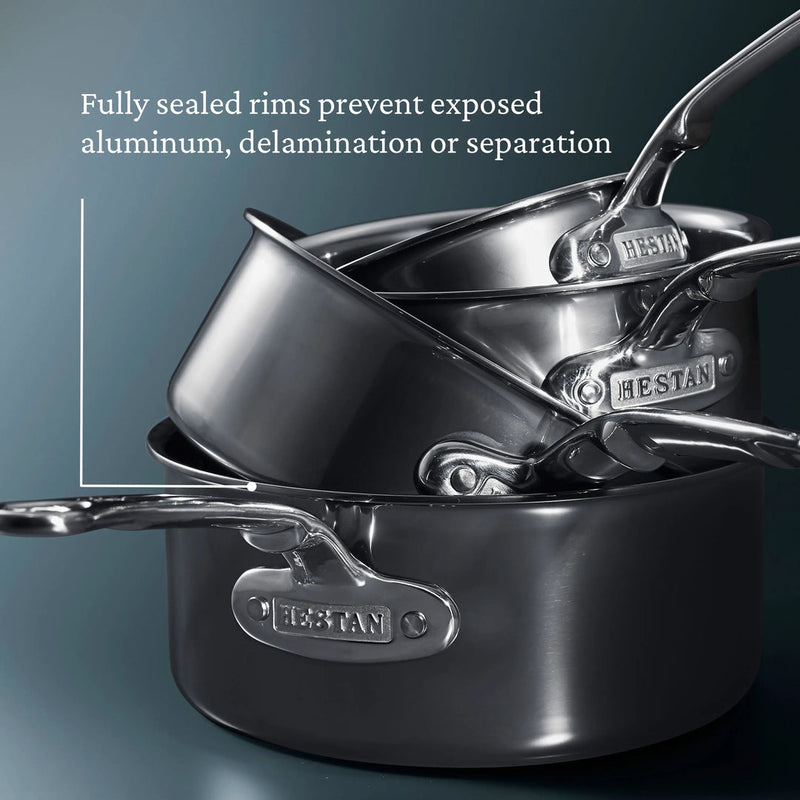 Hestan | Cookware, 1.5qt Saucepan + Lid featuring fully sealed rims and stainless-steel handles, highlighting NanoBond technology for durability and precision pouring.