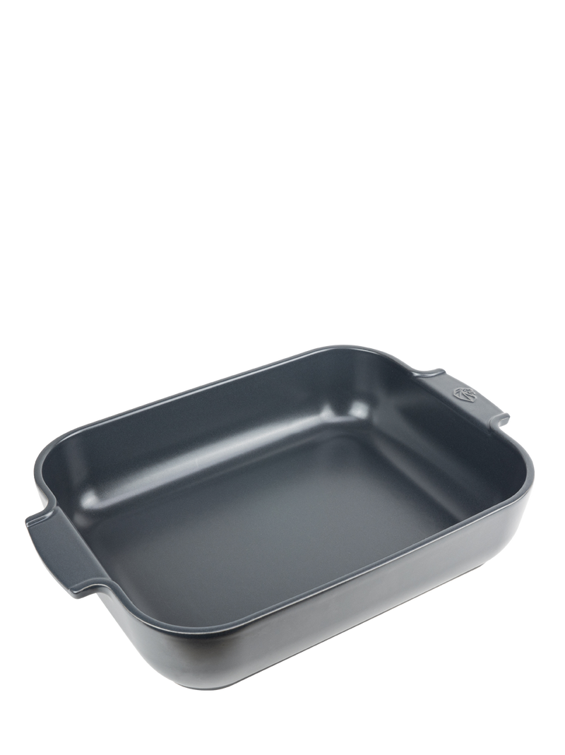 Peugeot | Appolia Rectangular Baking Dish, Slate, features a durable, non-stick metal design with small handles, ideal for retaining heat and stylish presentation.