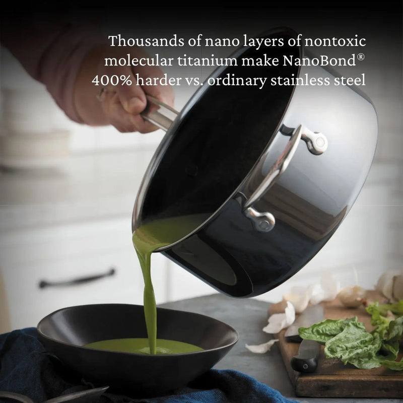 Hestan | Cookware, 1.5qt Saucepan + Lid pouring green soup, showcasing NanoBond® nonstick coating and ergonomic design for durable, efficient cooking.