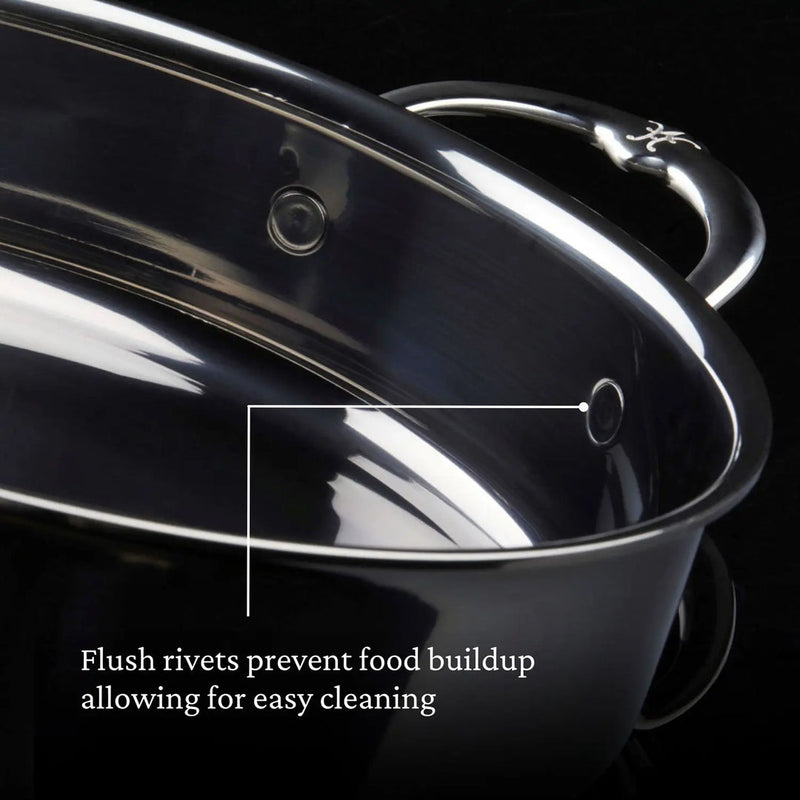 Hestan | Cookware, 3.5qt Sauté Pan + Lid: Close-up of a stainless-steel pan showing flush rivets on the handle, highlighting easy cleaning and durable design.