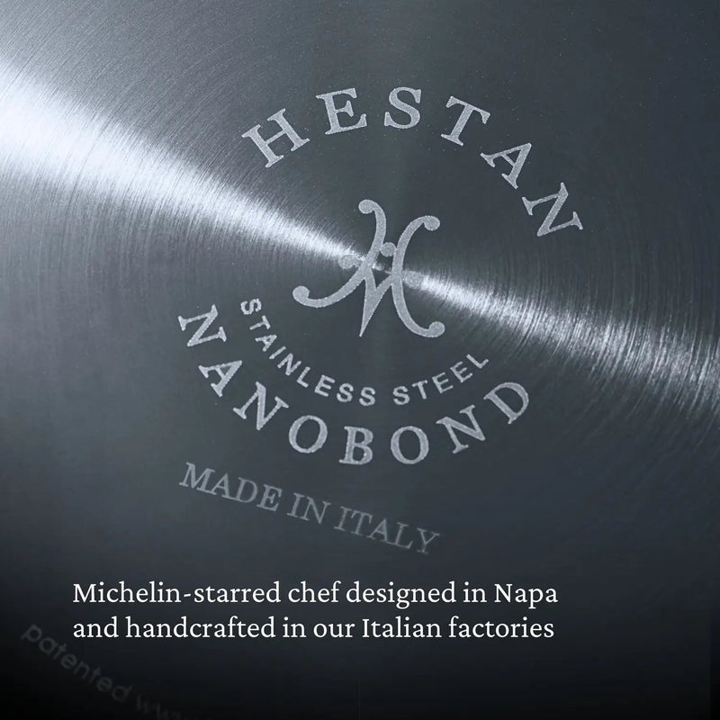 Hestan | Cookware, 2qt Saucier Pan + Lid, featuring a durable titanium-infused stainless steel base, engraved branding, and crafted in Italy for premium sauce-making.