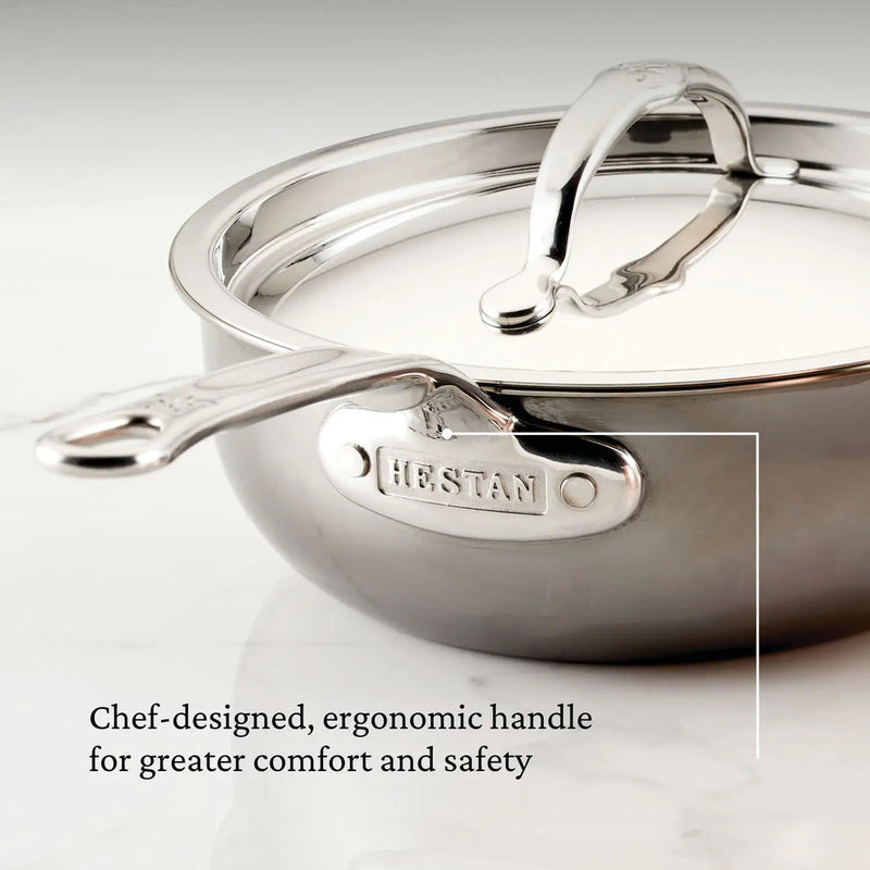 Hestan | Cookware, 2qt Saucier Pan + Lid, featuring a chef-designed ergonomic handle, highlighted for comfort and safety, with a robust molecular titanium surface.