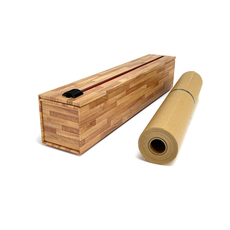 ChicWrap | Parchment Paper Dispensers - Butchers Block Parchment Dispenser shown with a roll of parchment in a wooden box, emphasizing durability and ease for Athens Cooks' kitchen needs.