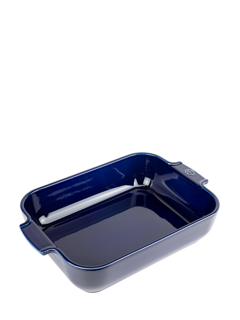 Peugeot | Appolia Rectangular Baking Dish, Blue: Glossy ceramic dish with deep sides, integrated handles, ideal for retaining heat and enhancing oven-cooked meals.