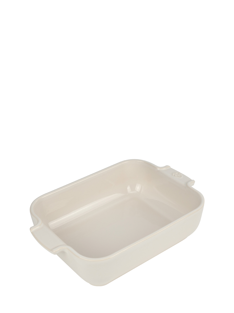 Peugeot | Appolia Rectangular Baking Dish, Ecru: A 25 cm ceramic dish with rounded corners and integrated handles, ideal for evenly-cooked meals for two.