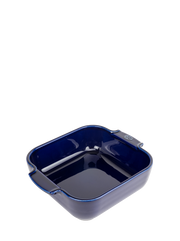 Peugeot | Appolia Square Baking Dish 8 inches, Blue: A navy ceramic dish with deep rims, rounded corners, and integrated handles, ideal for oven-baked meals for two.