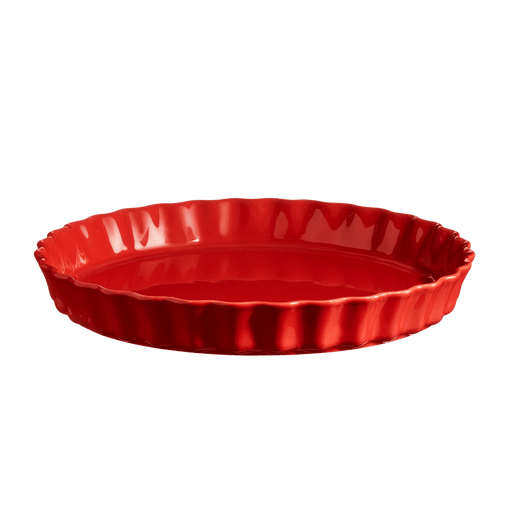 Emile Henry Deep Flan & Tart Dish, 1.3QT, showcasing a red ceramic dish with fluted sides, ideal for even heat distribution and easy tart release.