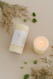 Mo&Co Home - 100% Beeswax Pillar Candles | Natural White: 3x6 Inch. Two candles showcased; one close-up highlights texture and craftsmanship.