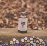Pink House Alchemy - Pumpkin Butternut Spice Syrup bottle on stone ledge with iridescent crystals, set in an autumn scene with fallen leaves.