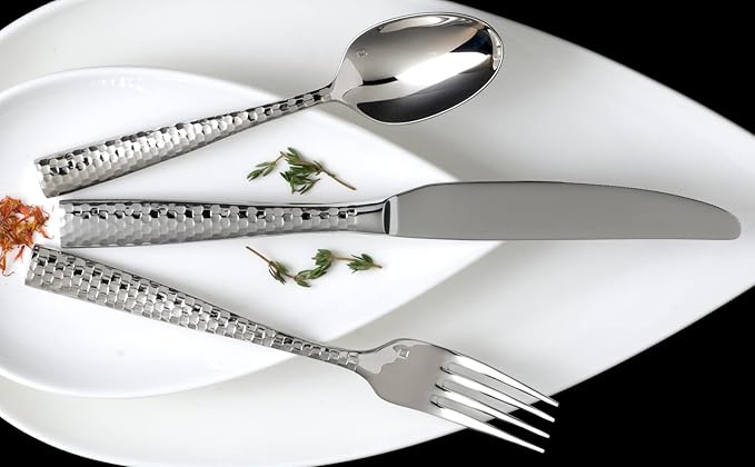 Fortessa | Lucca Faceted 5pc Serving Set featuring a fork, knife, and spoon elegantly arranged on a plate, showcasing refined kitchenware from Athens Cooks.