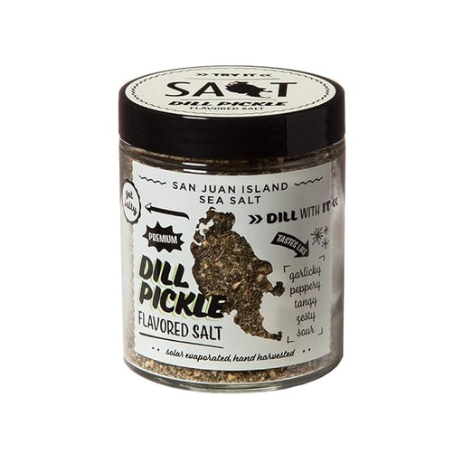 San Juan Island Sea Salt | Dill Pickle Salt in a clear jar, highlighting its specialty seasoning for enhancing culinary creations from Athens Cooks' curated gourmet selection.