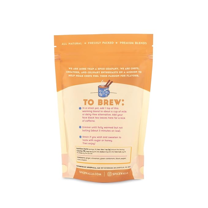Spicewalla | Chai Masala Resealable Bag with brewing instructions, nutrition facts, and ingredients listed, perfect for making premium chai or enhancing desserts and drinks.