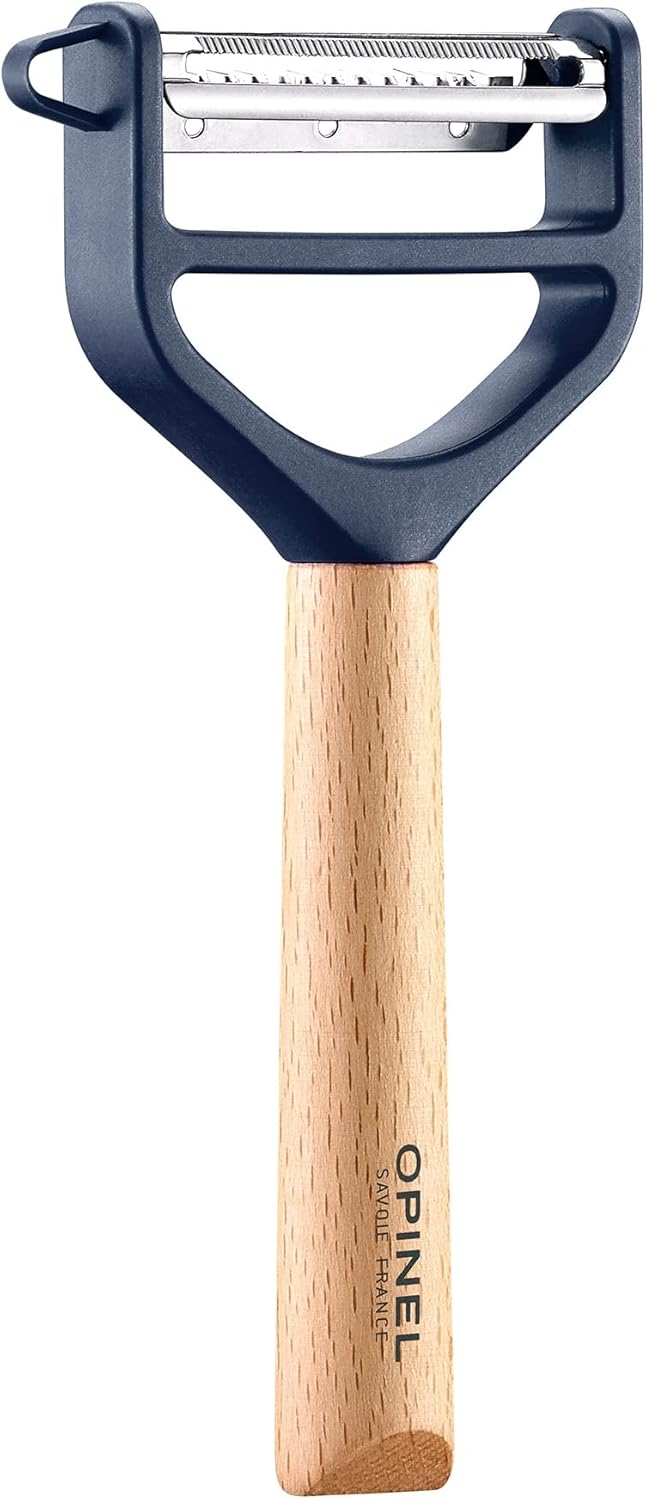 Opinel | T Duo Peeler with Wooden Handle: Y-shaped stainless steel peeler with dual blades for peeling and julienning, featuring a comfortable beechwood handle.