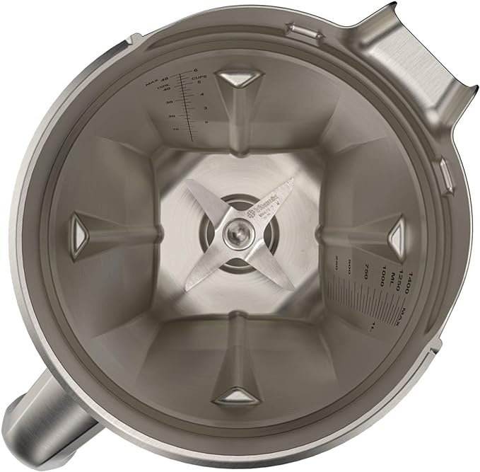 Vitamix | 48 oz Stainless Steel Container, showcasing its durable, non-reactive metal blade, compatible with full-size blenders for versatile, high-performance blending.