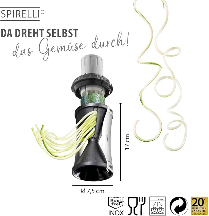 GEFU Spiral Slicer with diagram, demonstrating its vegetable peeling capability. Perfect for creating spiral cuts, available at Athens Cooks, a specialty kitchen store.