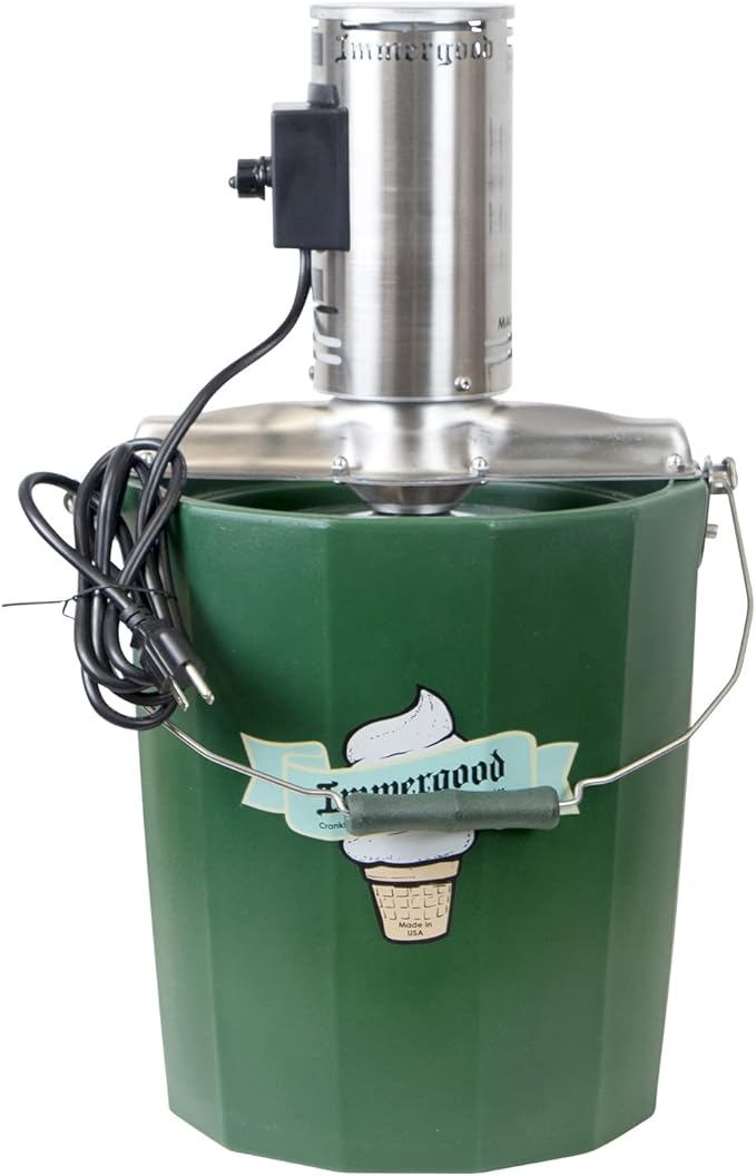 Immergood Ice Cream Maker - Electric, featuring a cylinder design with a close-up of a pot, grinder, and power cord, ideal for kitchen enthusiasts.