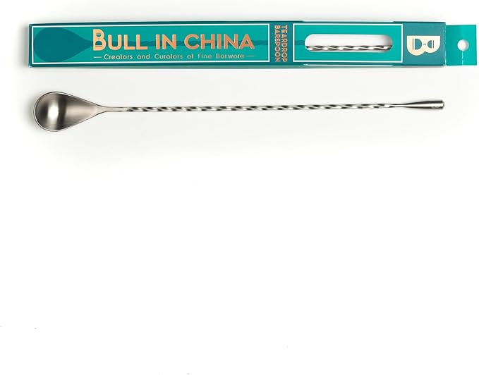 Bull in China | Teardrop Barspoons - Silver: a 12-inch stainless steel bar spoon with a twisted handle and weighted end, ideal for professional or home bars.