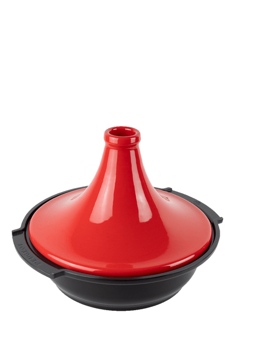 Peugeot Appolia Atlas Tagine 12 Inches - Red, featuring a wide base and conical lid, ideal for slow-cooking stews with innovative design and even heat distribution.