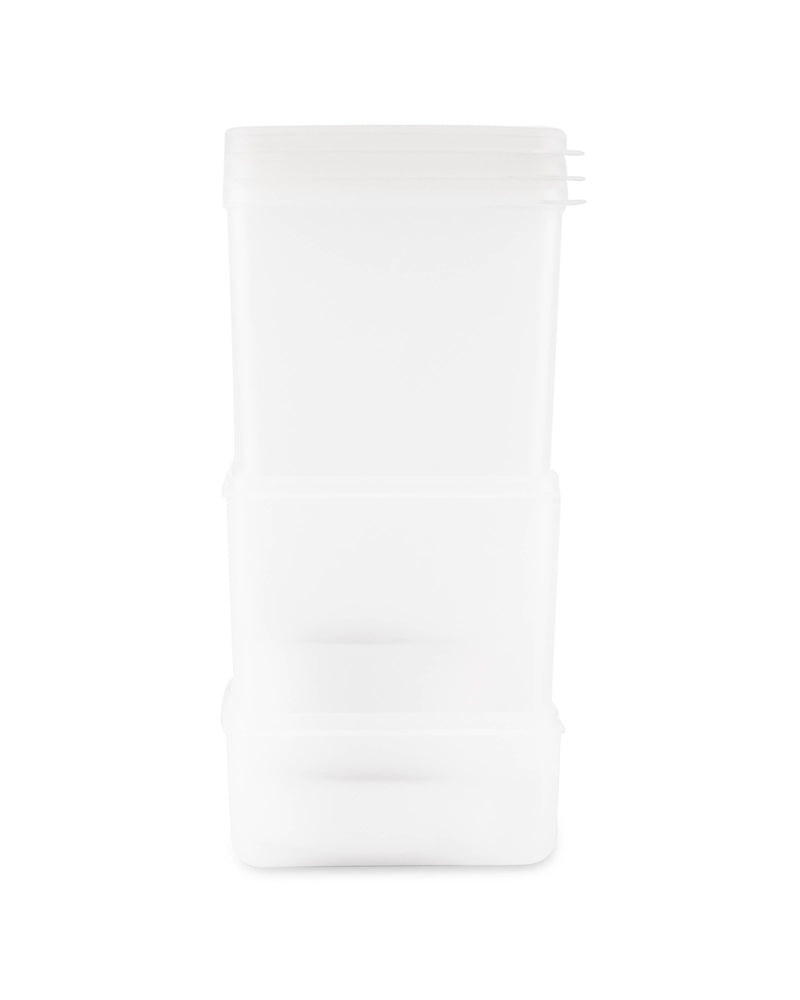 W&P Freezer Cube Storage Containers: Set of 3, stackable plastic containers perfect for organizing and storing food, featuring sizes small, medium, and large.