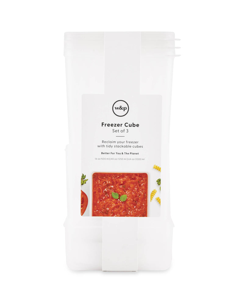 W&P - Freezer Cube Storage Containers: Set of 3 in Small, Medium, and Large sizes with label space, ideal for batch cooking and organized freezer storage.