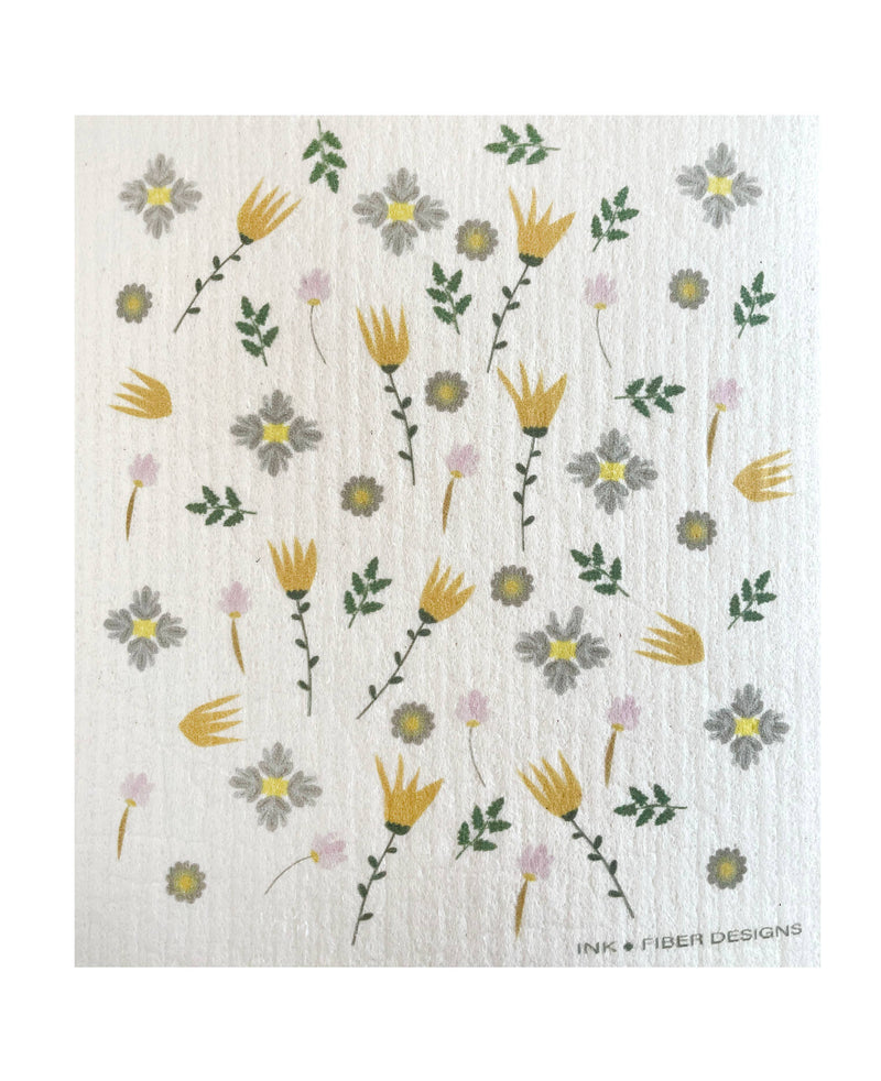 Ink and Fiber Designs - Wildflowers Swedish Dishcloth features an embroidered flower pattern on absorbent cellulose-cotton fabric, ideal for eco-friendly kitchen cleaning.