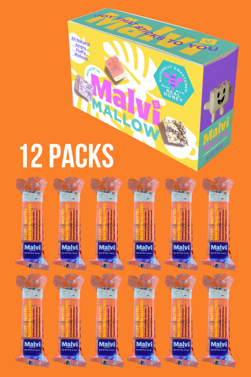 Malvi Mallow - Fluffy Nutter 4-Pack Marshmallows, Case of 12, featuring honey-sweetened, chocolate-drizzled marshmallows with hazelnut crunch, perfect for snacks or gourmet treats.