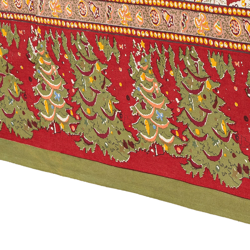 Couleur Nature - Noel Red & Green French tablecloth with stylized evergreen trees and ornament border on red, handprinted by artisans, 71 x 71.