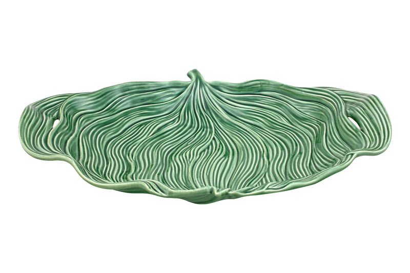 Bordallo Pinheiro | Flora Dinner Plate, Olive Green: A ceramic platter with leaf-like texture and handles, perfect for serving hors d’oeuvres or salads.