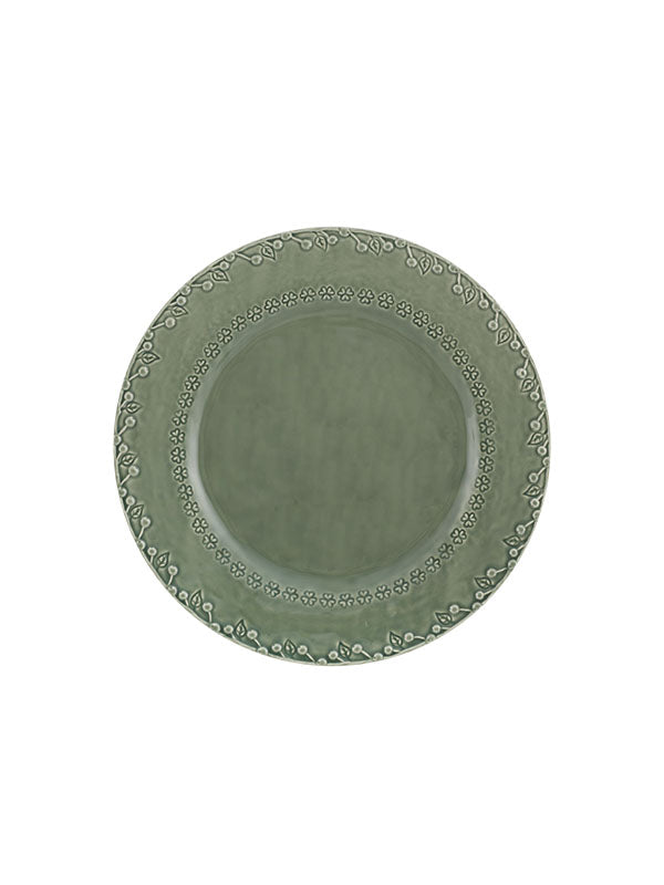 Bordallo Pinheiro | Flora Dinner Plate, Olive Green: Oval ceramic plate with intricate floral design, ideal for desserts or starters, adding elegance to any table setting.