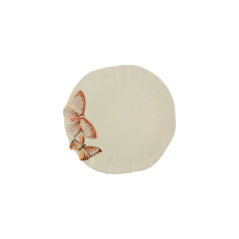 Bordallo Pinheiro | Cloudy Butterflies by Cláudia Schiffer: Decorative ceramic plate with orange butterflies, crumpled edge, and cream surface, blending elegance and artistry for versatile dining.