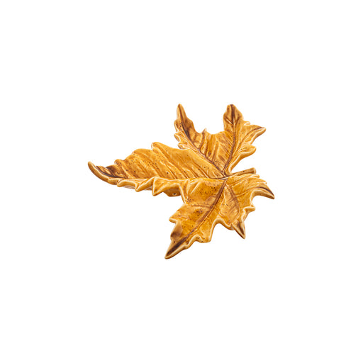 Bordallo Pinheiro | Gudrun Small Sycamore Leaf: A golden-yellow ceramic wall ornament, sculpted like a leaf with detailed veins, designed by Claudia Schiffer for decorative use.