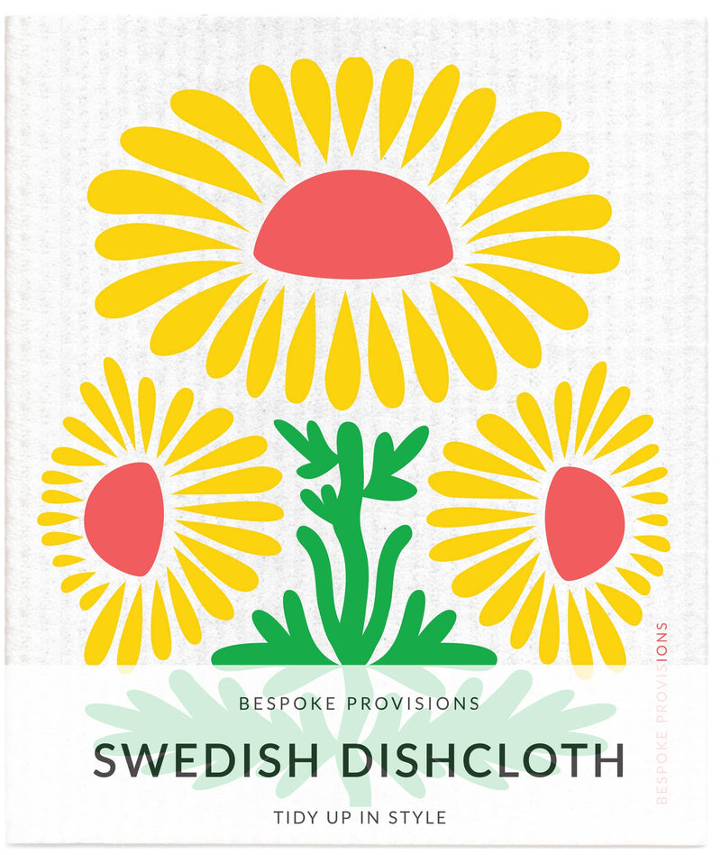Bespoke Provisions - Sunflower Swedish Dishcloth featuring a vibrant flower design, ideal for eco-friendly cleaning, packaged with usage instructions, available at Athens Cooks.