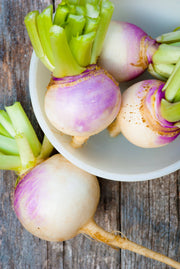 Bentley Seed Co. - Turnip-Purple White Globe 1800's, fresh turnips with green stems in a bowl, ideal for home gardens and versatile cooking.