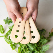 Collin Garrity - Herb Stripper: Maple (Limited-release) shown with holes for stripping herbs and edges for scraping seeds, held over fresh mint.