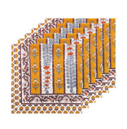 Couleur Nature - Avignon Napkins Dijon & Blue, Set of 6: Hand-printed cotton napkins featuring Provençal-inspired floral stripes and borders, adding French elegance to your dining experience.