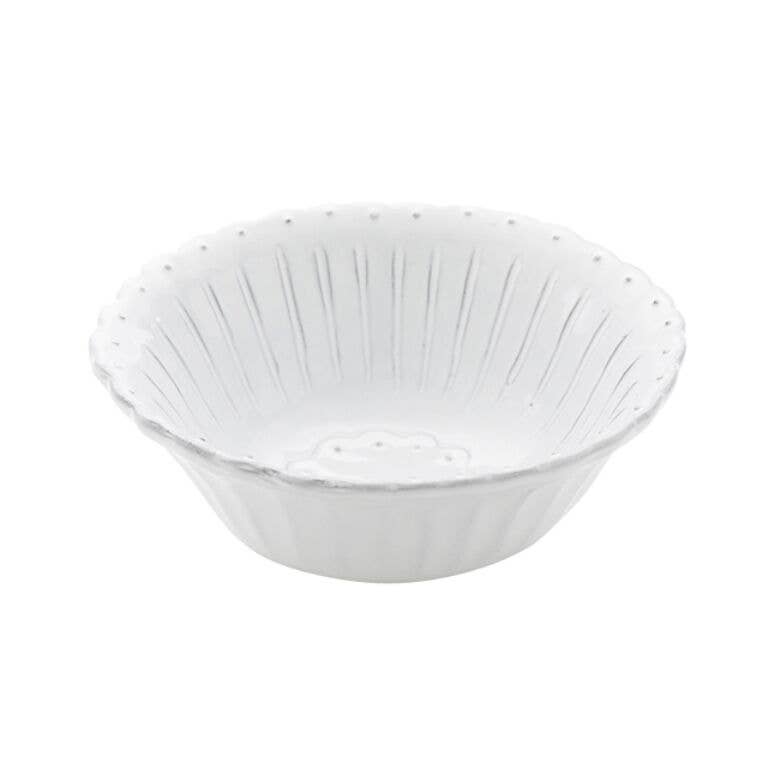 Arte Italica & Crown Linen Designs - Bella Bianca Beaded Cereal Bowl, featuring a delicate pattern, hand-crafted Italian stoneware. Ideal for elegant table settings, microwavable, oven, and dishwasher safe.