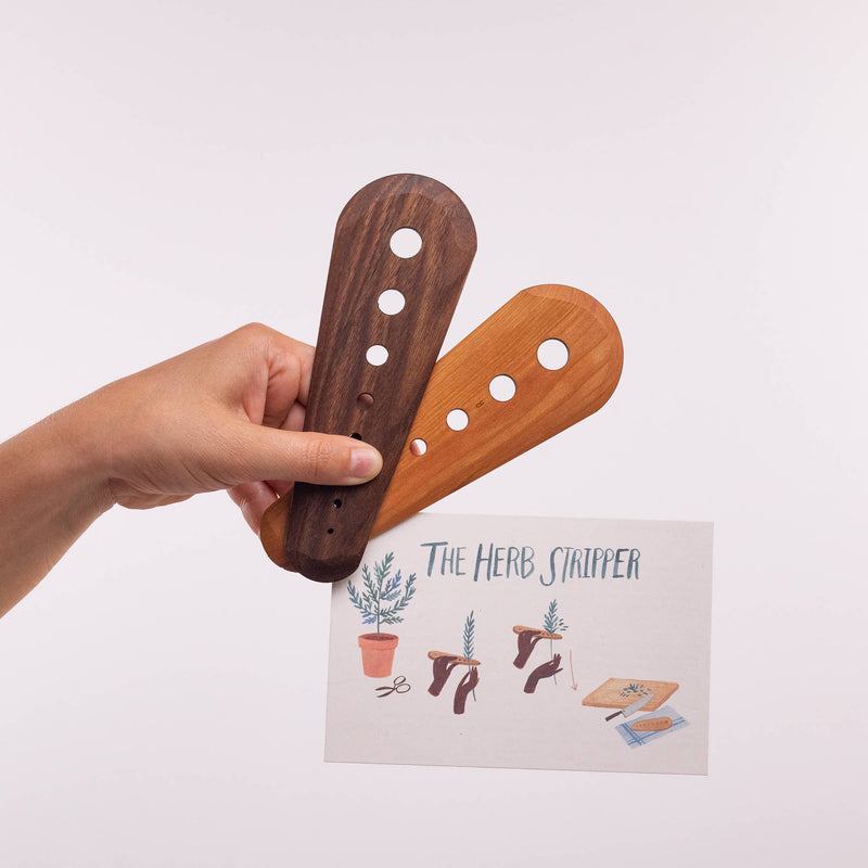 Collin Garrity - Herb Stripper: Maple, shown in hand, includes holes for stripping herbs and an instructional card, perfect for kitchen enthusiasts.