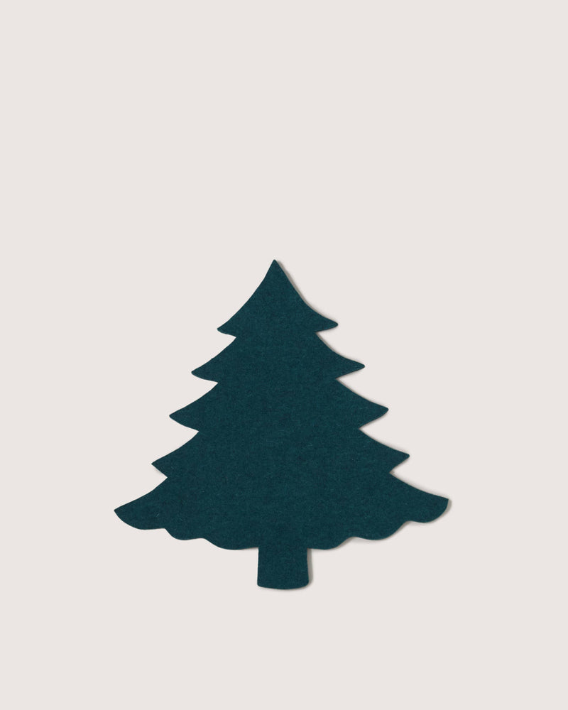 Graf Lantz Merino Wool Tree Trivet in Kombu, showcasing a dark-green fir tree silhouette, ideal for protecting surfaces while adding elegance to your kitchen.