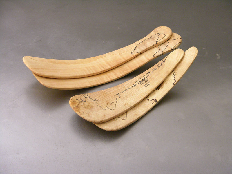 Petermans Boards and Bowls Inc. - SMALL SPALTED MAPLE SALAD TOSSERS (9 PAIR), handcrafted from upcycled maple logs, featuring elegant, slightly bowed design with unique spalted lines.